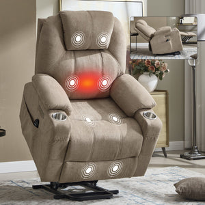 English Elm Up to 350 Lbs Chenille Power Lift Recliner with Massage Heating and Usb Charging Ports Khaki W3224S00026
