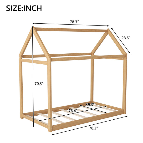 English Elm Twin Size Wooden House Bed with Pine & MDF Frame, Low Height Safety Design, Easy Assembly, 400lb Capacity N716P227423D