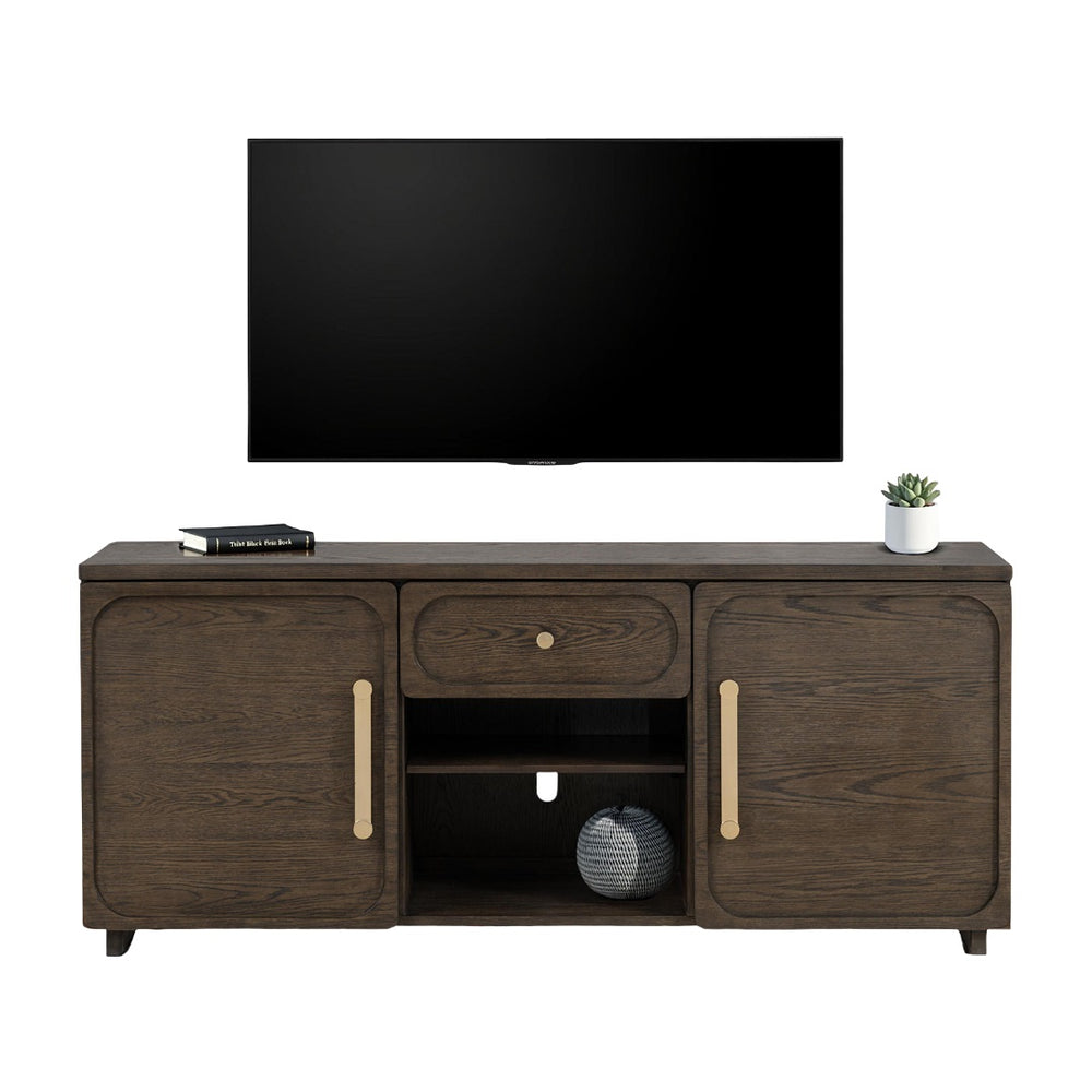 English Elm Transitional Vellara 70" TV Console Dark Walnut Finish Recessed Panels Gold Hardware, 70"W Stylish B2741P402569