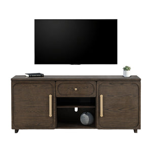 English Elm Transitional Vellara 70" TV Console Dark Walnut Finish Recessed Panels Gold Hardware, 70"W Stylish B2741P402569