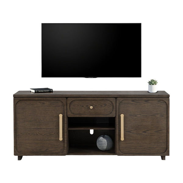 English Elm Transitional Vellara 70" TV Console Dark Walnut Finish Recessed Panels Gold Hardware, 70"W Stylish B2741P402569