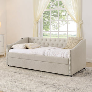 English Elm Twin Daybed with Pull Out Trundle Usb Charging Tufted Upholstered Sofa Guest Bed Beige W1413S00156
