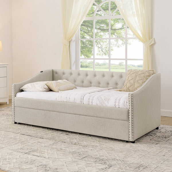 English Elm Twin Daybed with Pull Out Trundle Usb Charging Tufted Upholstered Sofa Guest Bed Beige W1413S00156