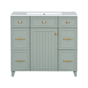English Elm 36" 36-inch Transitional Bathroom Vanity with Ceramic Basin, Solid Wood Frame, Soft-Close Storage Elegance Green N729P255663G