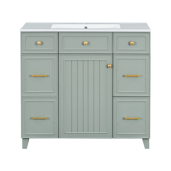 English Elm 36" 36-inch Transitional Bathroom Vanity with Ceramic Basin, Solid Wood Frame, Soft-Close Storage Elegance Green N729P255663G