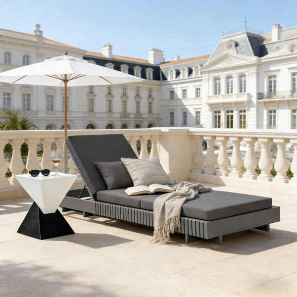 English Elm Modern Acacia Wood Outdoor Chaise Lounge Slatted Reclining Poolside Sun Chair Dark Grey N770P281696G_N770P208326G