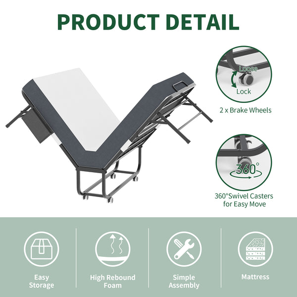 English Elm 75 Folding Bed with 5" Memory Foam Mattress, Tall 75" Rollaway Twin, 450lb Capacity, Slim Storage Wheels T2398P403868