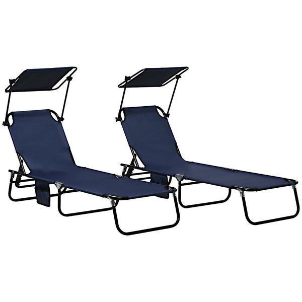English Elm Outsunny Folding Chaise Lounge Chairs Set With Canopy Shade, Adjustable Recline & Side Pocket Storage W2225P200746-GIGA