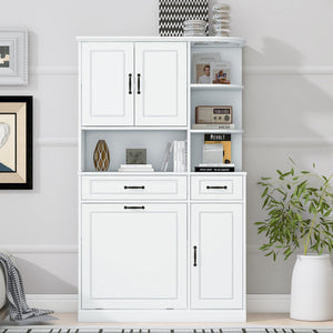 English Elm Tall Freestanding Organizer Cabinet with Tilt-Out Hamper, 2 Drawers, Adjustable Shelves, Modern White MDF Storage N725S352451K