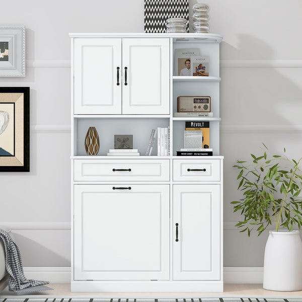 English Elm Tall Freestanding Organizer Cabinet with Tilt-Out Hamper, 2 Drawers, Adjustable Shelves, Modern White MDF Storage N725S352451K
