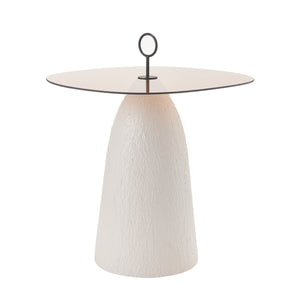 English Elm Indoor Oval Brown Glass Top Accent Table with Sculptural White Conical Base N772P385365W