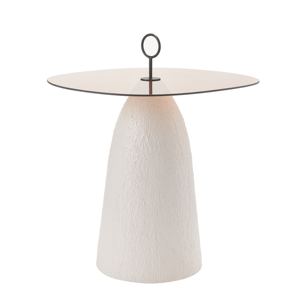 English Elm Indoor Oval Brown Glass Top Accent Table with Sculptural White Conical Base N772P385365W