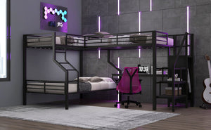 English Elm Twin Over Full L-shaped Bunk Bed with Wardrobe Desk and Usb Charging Ports N7500004100B