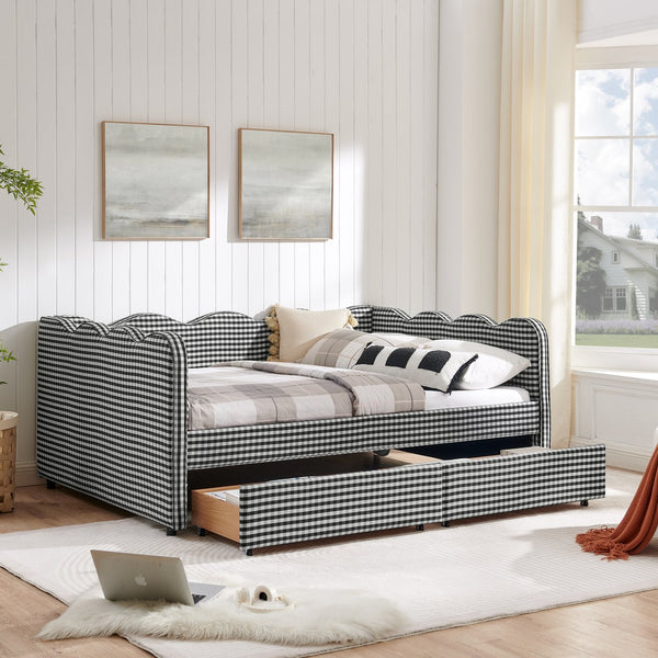 English Elm Full Size Gingham Linen Daybed with Wave Backrest Trundle and Usb Charging Port Black W1413S00154