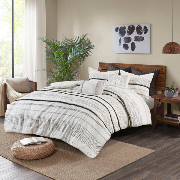 English Elm Full/Queen Cotton Printed Duvet Cover Set with Trims — 100% Percale, Tufted Boho Stripes, Hidden Closures B03596487