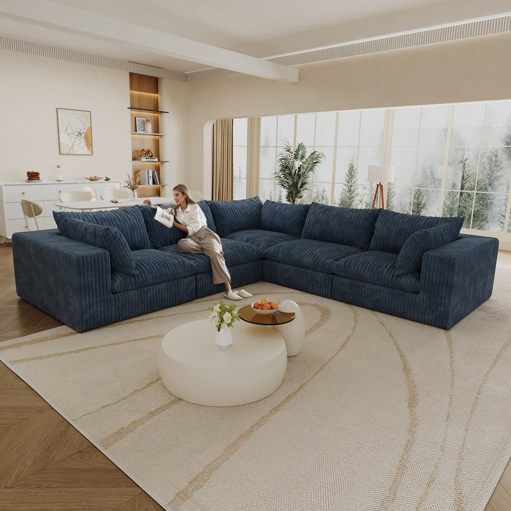 English Elm 118.2" Modular Cloud Sofa Corduroy Upholstered Deep Seat Lounge for Living Room Blue W2824S00194