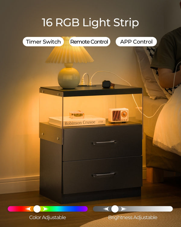 English Elm Nightstand with LED Lights and Adjustable Colors, Modern Bedside Table with Power Outlets & Drawers Black 22 L x 8 W x 18 H W2178P252968