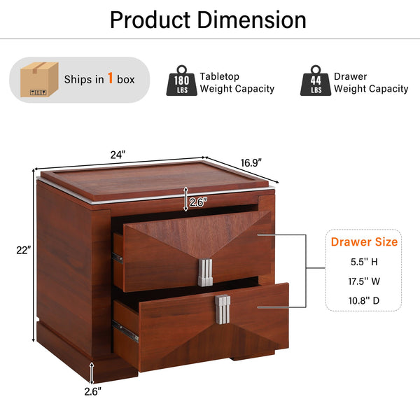 English Elm Mid-century Modern Nightstand with Diamond Geometric Drawers and Heavy Duty Wood Base Dark Brown N761P324094N