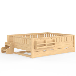English Elm Queen Bunk Bed with Trundle Solid Pine Kids Car Themed Frame Built-in Bookshelf Light Natural W1580S00563