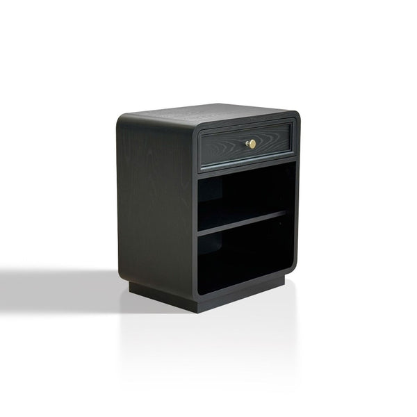 English Elm Nightstand Art Deco Matte Black Finish Antiqued Brass Hardware Open Shelf Bedroom B035P482920