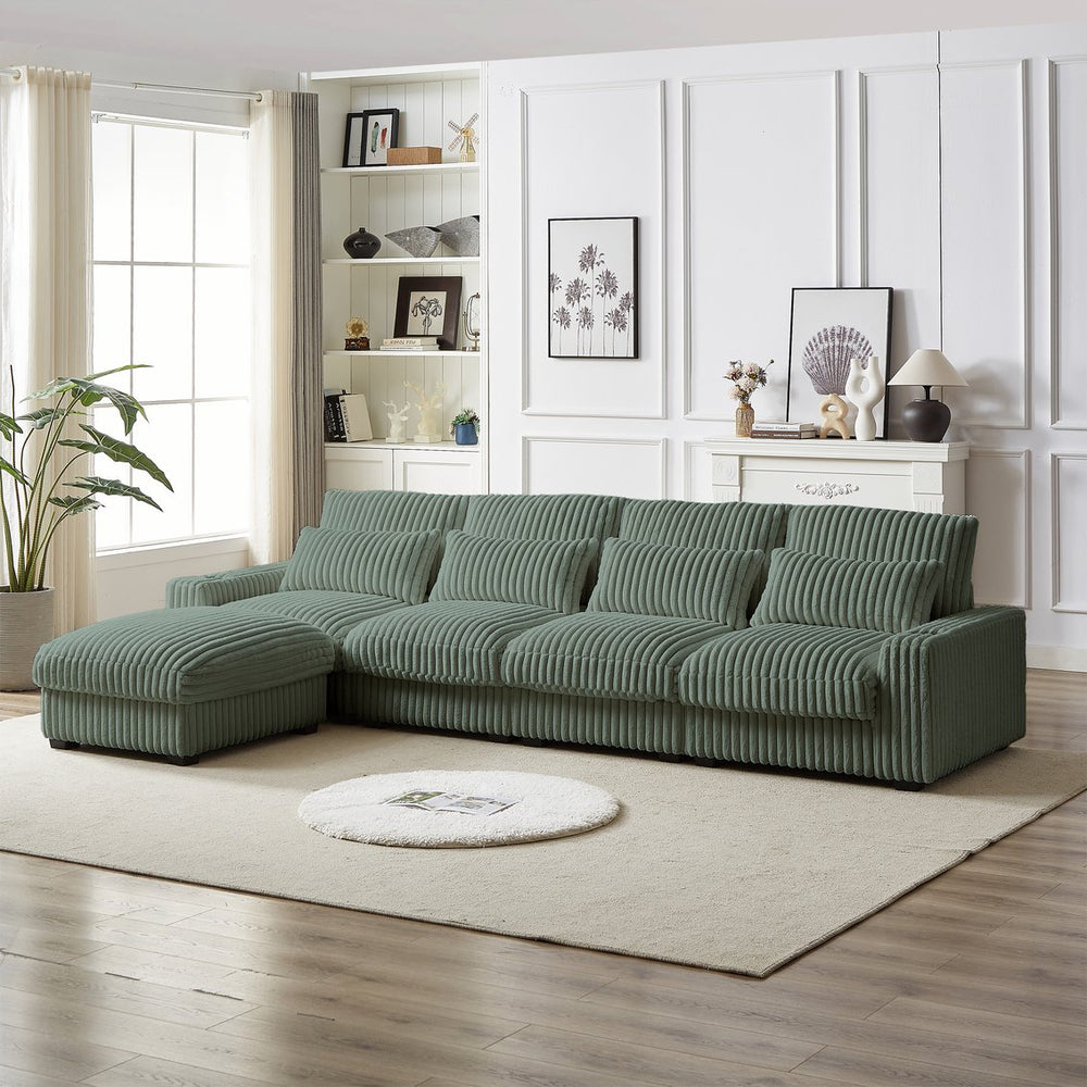 English Elm 126-inch Corduroy Super Large L-Shaped Sofa with Cup Holder, USB & Type-C Ports, Plush Supportive Cushions Army Green W834S00359