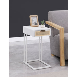 English Elm Kenneth White C-shaped Sofa Side Table with Rattan Weave Drawer for Living Rooms B062P440088