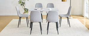 English Elm Table and Chair Set Marble Look Glass Top with Six Linen Seats for Modern Dining W1151S04627