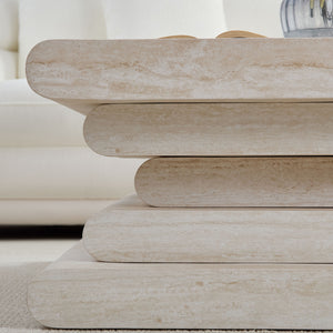 English Elm 33.86 Inch Square Faux Travertine Coffee Table Sculptural Tiered Base Living Room W2582P425211