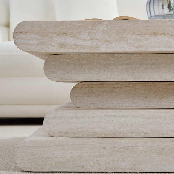 English Elm 33.86 Inch Square Faux Travertine Coffee Table Sculptural Tiered Base Living Room W2582P425211