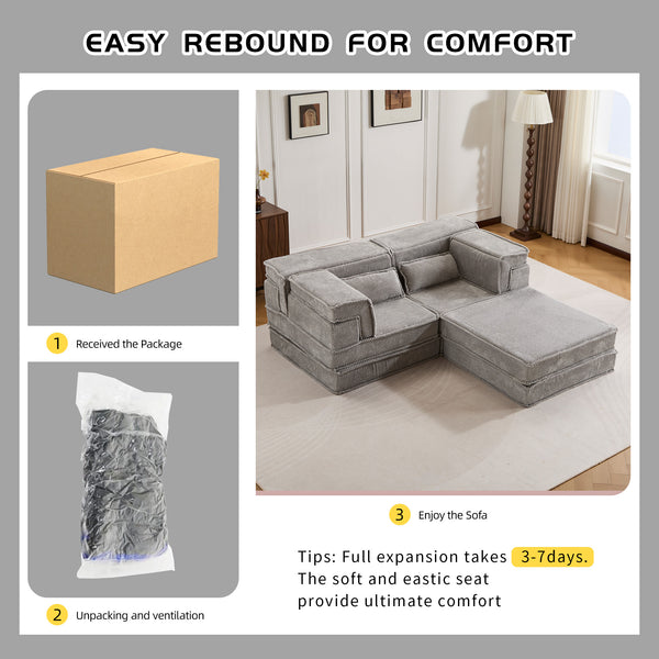 English Elm Compression Modular Floor Sofa Bed - Versatile, Soft Circle Fleece 2-Seater With Ottoman, No Tools Needed! W3723S00028