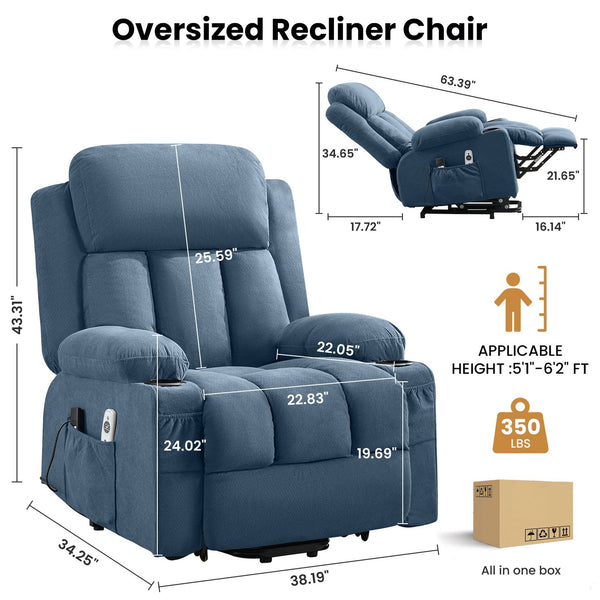English Elm Swivel Rocker Recliner with Massage Heat and Usb Port for Living Room Comfort Blue W1521P425520