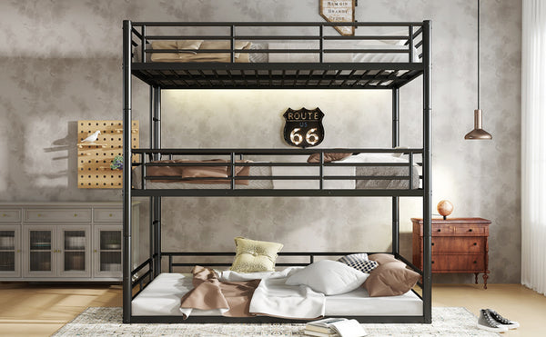 English Elm Twin Triple Metal Bunk Bed Matte Powder Coated Frame with Full Safety Guardrails Black W1580S00580