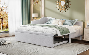English Elm Twin L-shaped Linen Upholstered Daybed with Hydraulic Pop-up Trundle for Guest Rooms Beige SF000193AAA-1