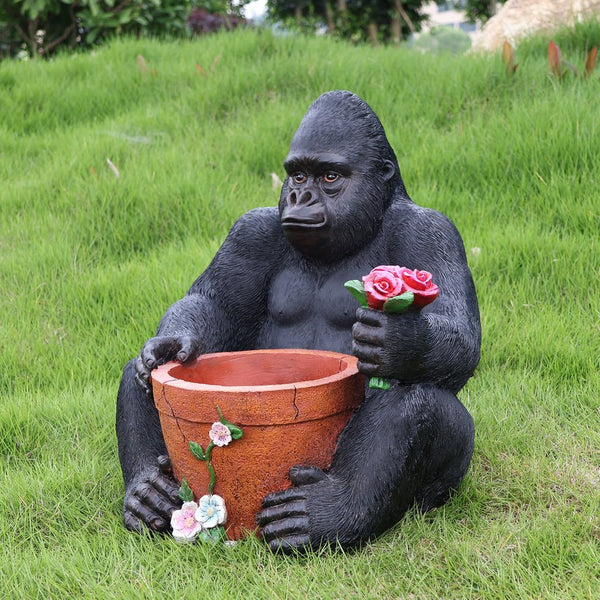English Elm Outdoor Chimpanzee Resin Garden Statue with Built-in Planter for Patio Decor W5398P455473