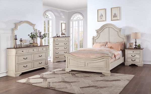 English Elm Antique Cream Wooden Chest of Drawers 5-Drawer Bedroom Dresser with Walnut Top Vintage Charm B011P236763