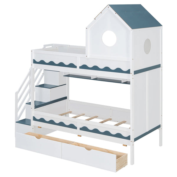English Elm Twin Over Kids Bunk Bed with Castle Roofline Led Lights and Staircase Storage White N820S00068K