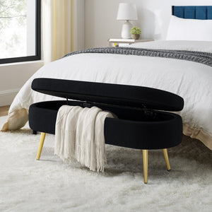 English Elm Ottoman Oval Flannel Storage Bench with Matte Metal Legs for Bedroom or Living Room Black W487P438627