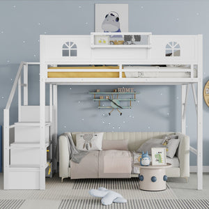 English Elm Full Size Loft Bed With Integrated Wardrobe, Stairs, House-Shaped Guardrails & Space-Saving Design W2593S00037