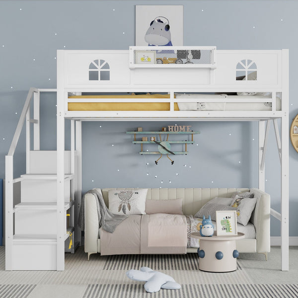English Elm Full Size Loft Bed With Integrated Wardrobe, Stairs, House-Shaped Guardrails & Space-Saving Design W2593S00037