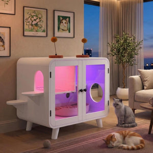 English Elm Cat Litter Box Enclosure Mdf Cabinet with Rgb Lighting Glass Doors and Play Loft White N704P419240K