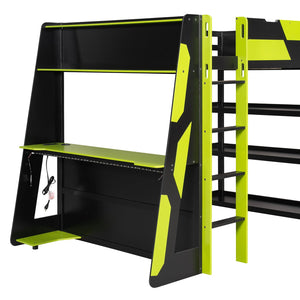 English Elm Full Size Gaming Loft Bed with Led Lighting Desk Shelves and Usb Charging Ports N820S00076F