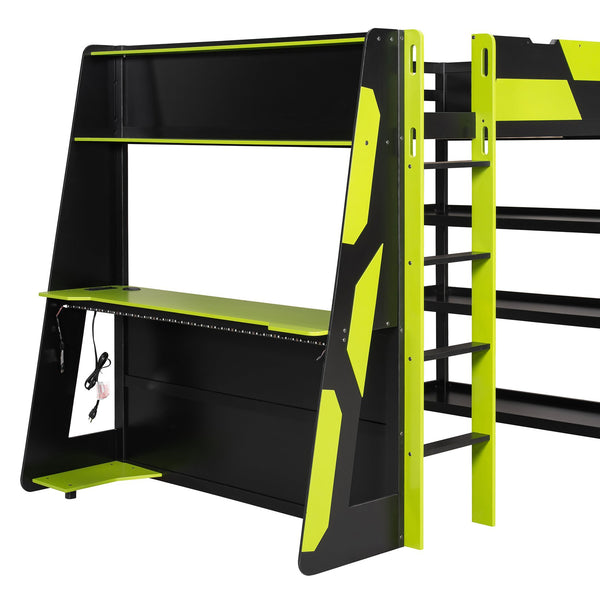 English Elm Full Size Gaming Loft Bed with Led Lighting Desk Shelves and Usb Charging Ports N820S00076F