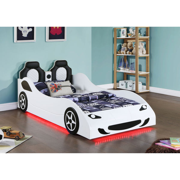 English Elm Solana Race Car Twin Bed with LED Underglow Lights, Padded Headboard, White Wood, Playful Design B062S01109