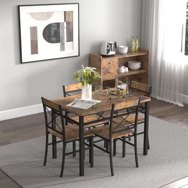 English Elm Dining Table Set for 4 Rustic MDF & Steel I-Frame | Compact Black+Brown Dining Set, Easy Clean, Cozy Comfort W2129P309909