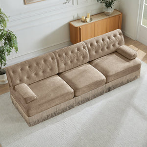 English Elm 3-seater Velvet Sofa with Button Tufting Tassel Fringe Skirt Modular Living Room Design Camel W714S01696