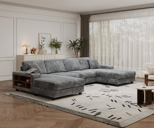 English Elm Convertible U-Shaped Sofa With Storage, Modern Corduroy 4-Seat Lounge For Cozy Living Rooms W1793S00028