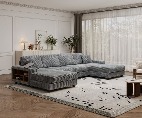 English Elm Convertible U-Shaped Sofa With Storage, Modern Corduroy 4-Seat Lounge For Cozy Living Rooms W1793S00028