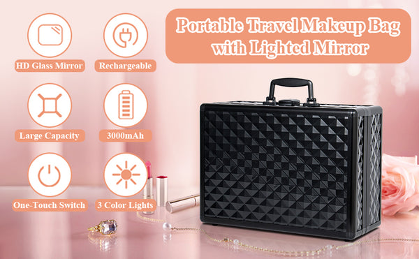 English Elm Portable Led Vanity Makeup Case Aluminum Travel Organizer with Mirror Lock Dividers W1550P163305