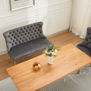 English Elm Velvet Wingback Dining Bench Tufted Two Seat Mid Century Modern Brushed Steel Base Gray W1143P406978