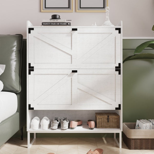 English Elm Shoe Cabinet With Open Shelf & 2 Flip Drawers - Stylish Farmhouse Storage For Narrow Entryways W2227P170170-GIGA